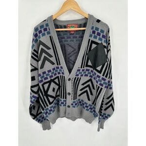 Chartwell Vintage Geometric Print Cardigan Sweater Gray Mens XL Grandpa Comfy